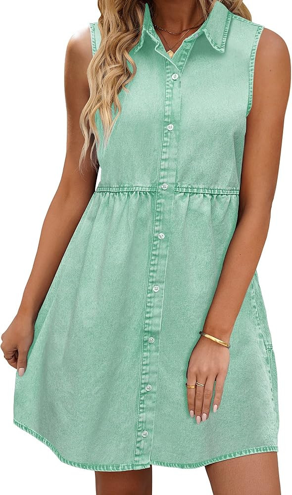 LookbookStore Denim Dress for Women Sleeveless Babydoll Button Down Short Jean Dresses Cute Summer | Amazon (US)