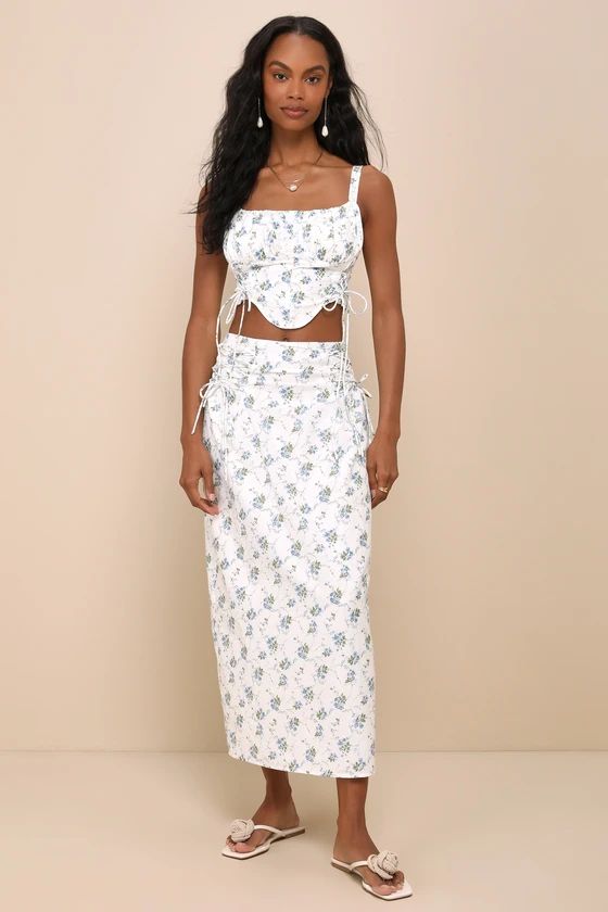 Darling Expertise White Floral Lace-Up Midi Skirt | Lulus