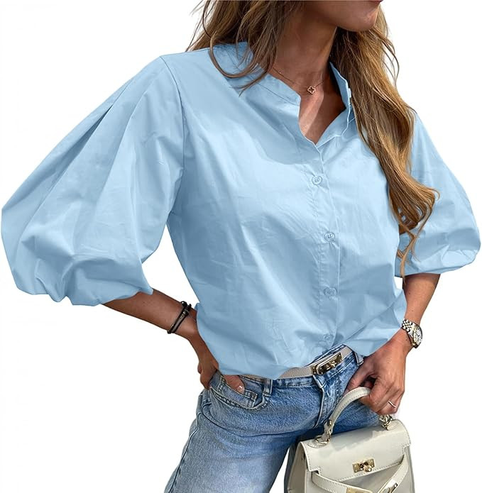 Tankaneo Womens Half Puff Sleeve Button Down Shirts Cotton Loose Fit Tops Summer Dressy Casual Bl... | Amazon (US)