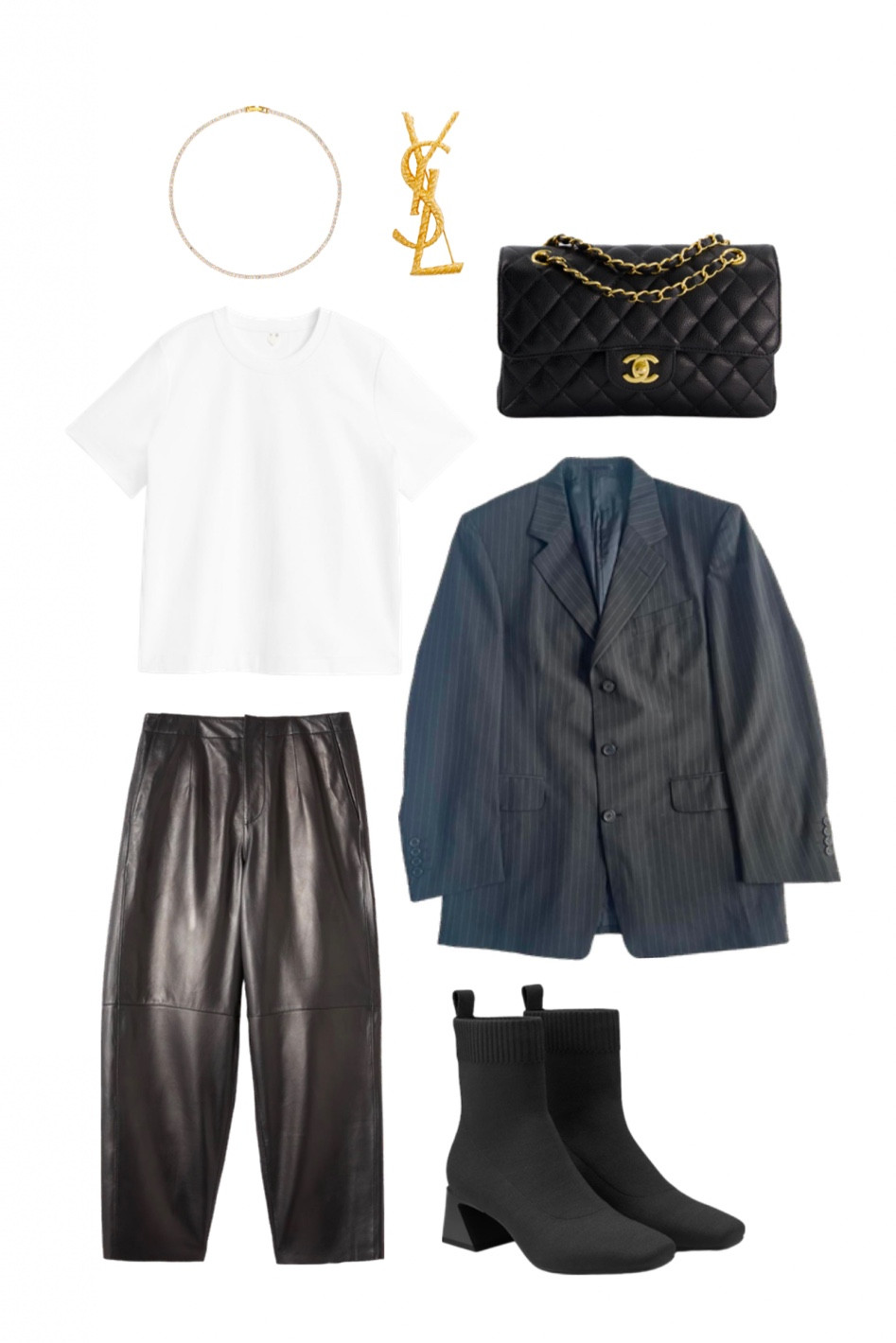 Dinner and drinks outfit - leather trousers - pinstripe blazer - vintage Chanel bag - black ankle boots 

#LTKuk #LTKpartywear #LTKshoes