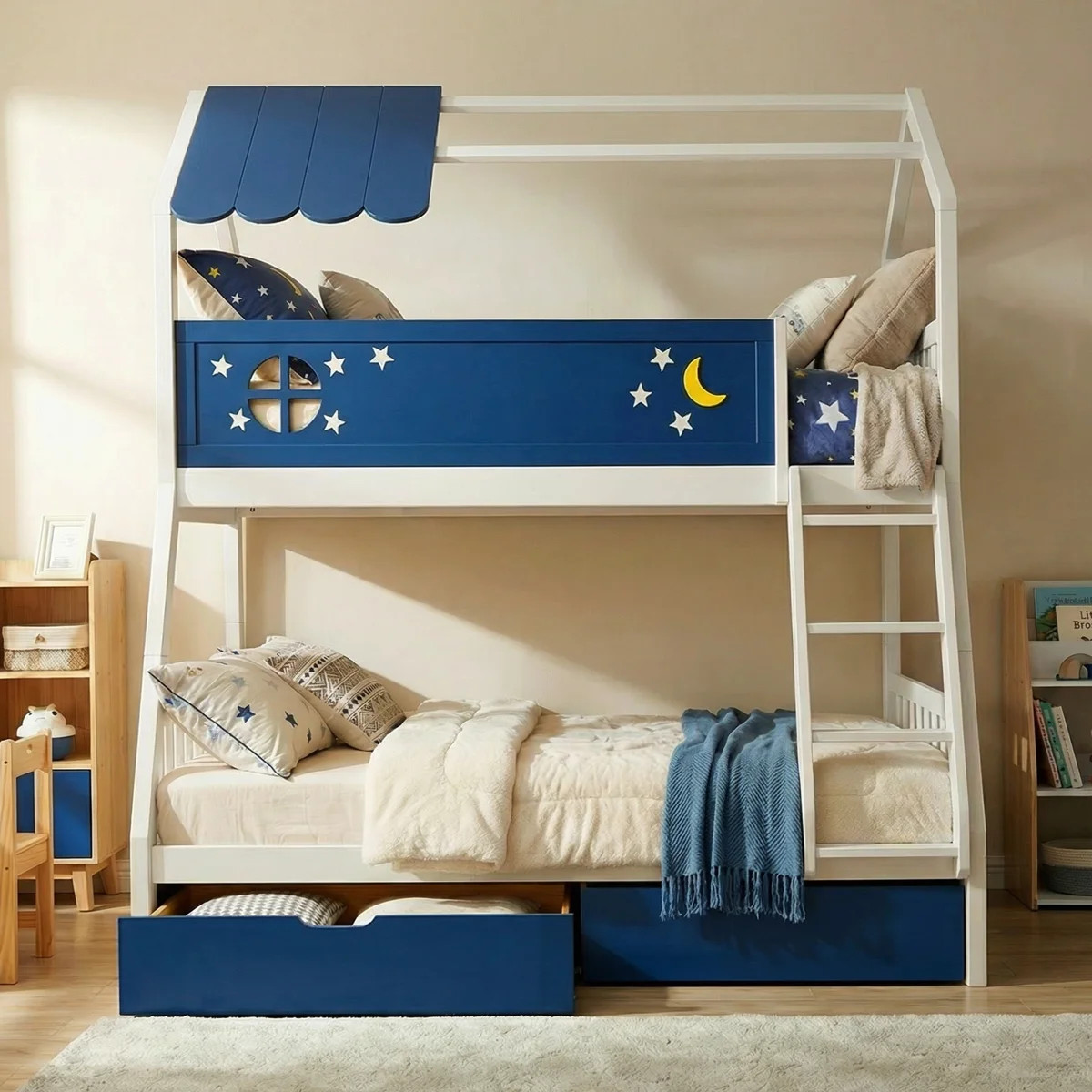 Twin Over Full Solid Wood House Bunk Bed with Stairs and Drawers, Safety Guardrail | Wayfair North America