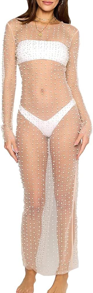 Women Sexy Pearl Mesh Swimwear Cover Up See Through Long Sleeve Sheer Rhinestone Beads Bikini Cov... | Amazon (US)