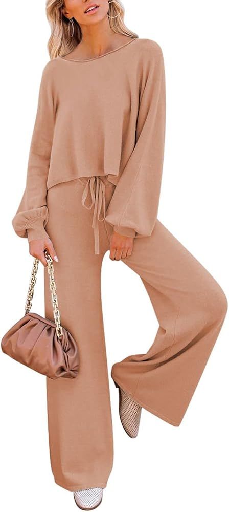 Meenew Women's 2 Piece Sweatsuits Long Sleeve Knit Sweater Wide Leg Pants Outfits Loungewear Set | Amazon (US)