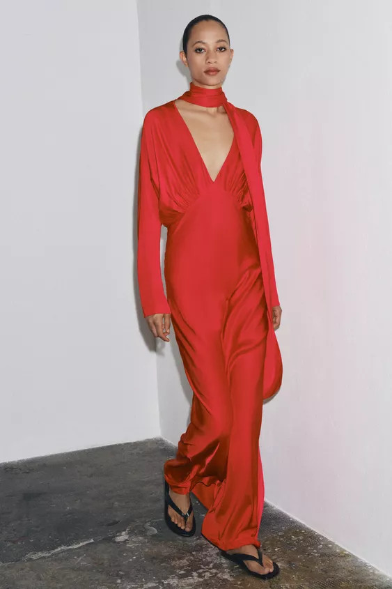 BATWING SLEEVE SCARF SATIN EFFECT DRESS | Zara US