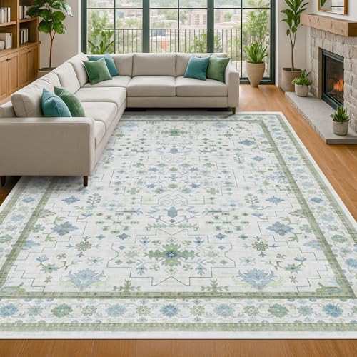 Blue and Green Living Room Rug 8x10 - Cream Oushak Vintage Boho Floral Farmhouse, Washable Low Pi... | Amazon (US)