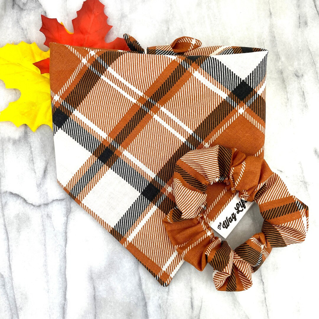 Matching Dog and Owner Set, Fall Plaid Dog Bandana Hair Scrunchie Set, Brown, Black and Cream Tha... | Etsy (US)