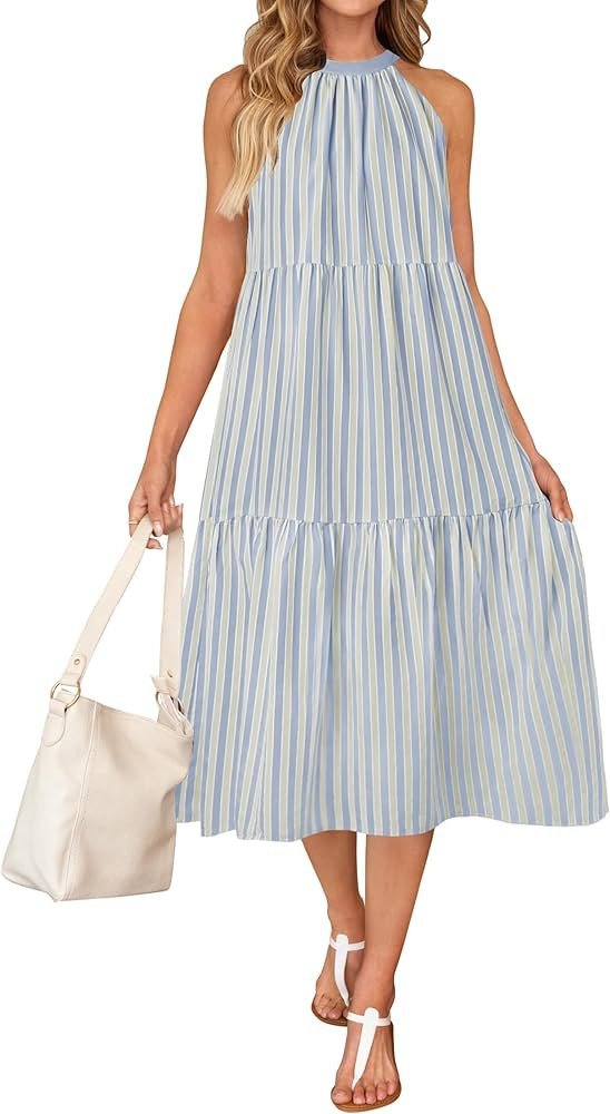 ZESICA Women's Summer Halter Maxi Dresses 2024 Casual Boho Striped Sleeveless Tiered Flowy A Line... | Amazon (US)