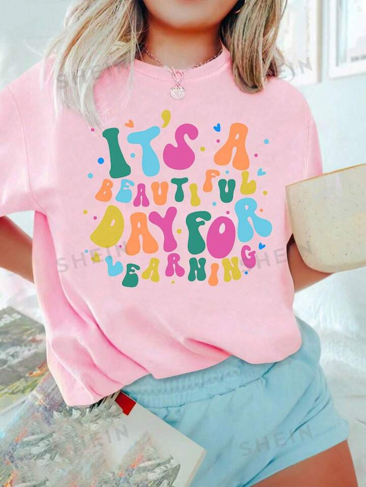 SHEIN EZwear Oversized Reading Day & Learning Day Slogan Printed Casual Loose Round Neck Short Sl... | SHEIN