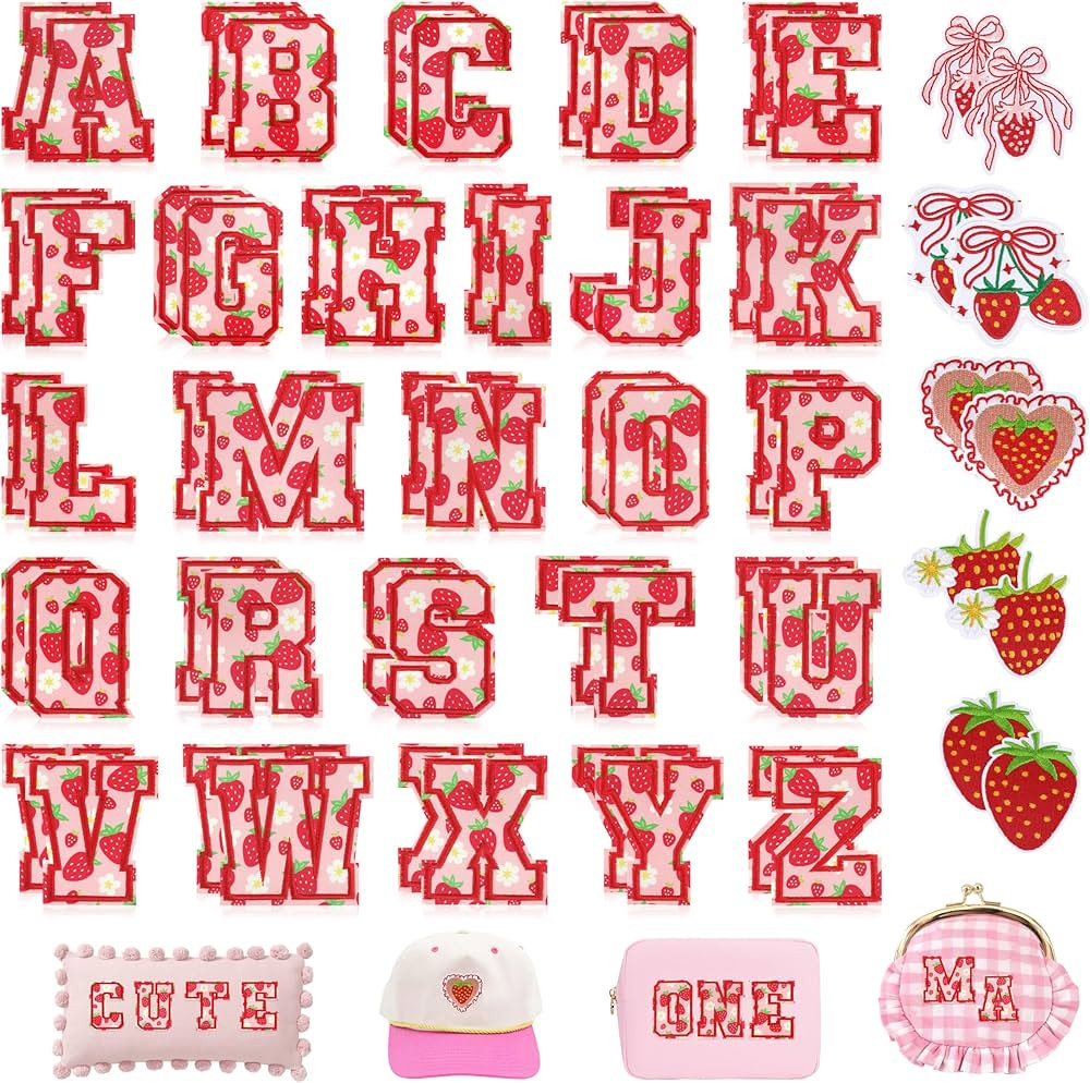 Letters Iron On Patches for Clothing: 62PCS Strawberry Varsity Embroidered Patch for Girls Daught... | Amazon (US)