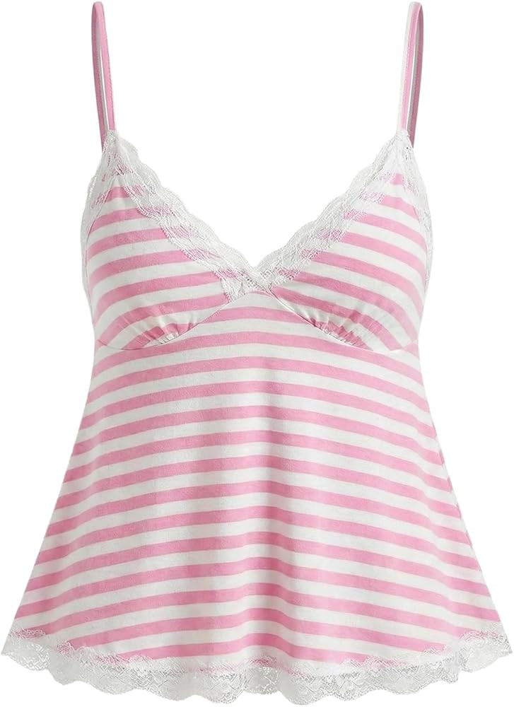 SOLY HUX Womens Y2K Lace Cami Sleeveless Striped Spaghetti Strap Camisole Gothic Babydoll Tops | Amazon (US)