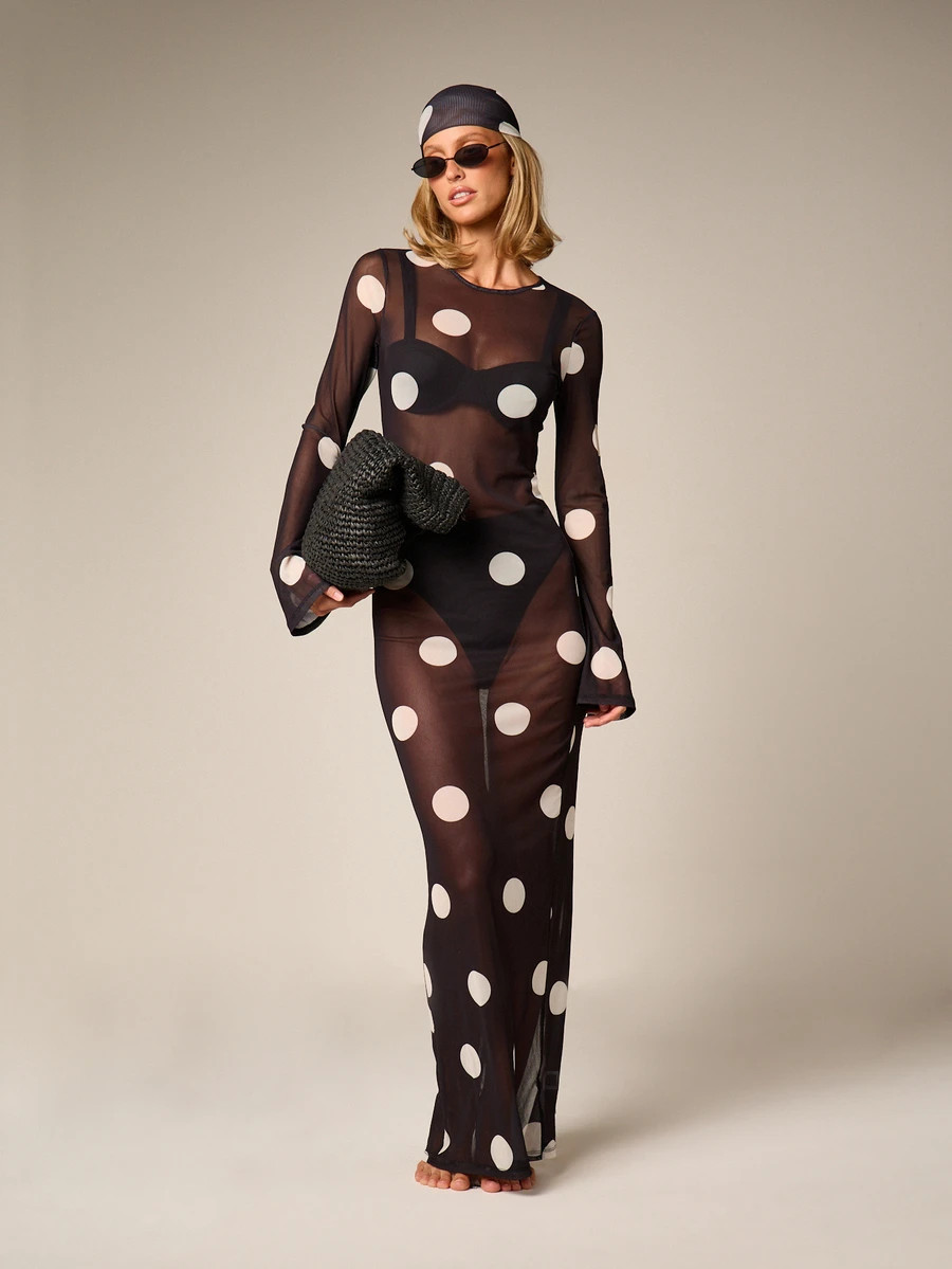AiiRZ Sheer Polka Dot Mesh Maxi Dress Long Bell Sleeve Round Neck Floor Length Overlay Summer Bea... | SHEIN