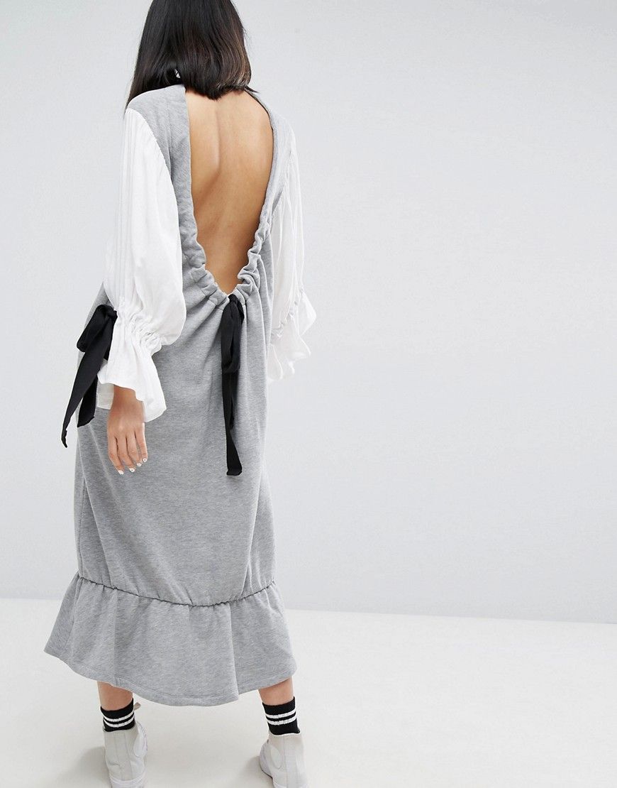 ASOS WHITE Open Back Sweat Dress With Contrast Balloon Sleeves - Gray | ASOS US