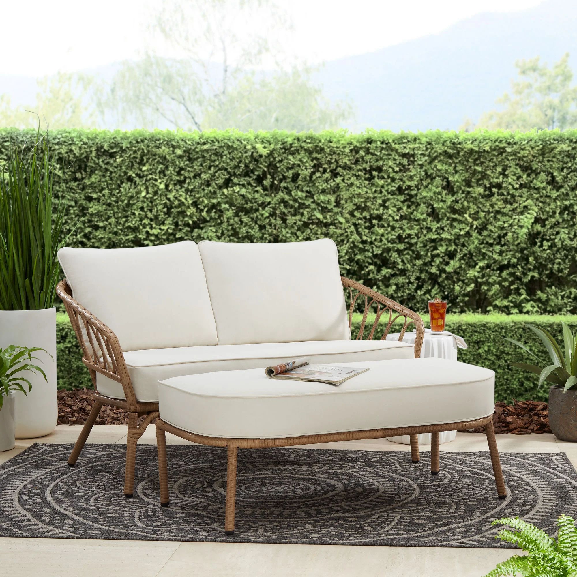 Better Homes & Gardens Willow Sage All-Weather Wicker Outdoor Loveseat and Ottoman Set, Beige | Walmart (US)