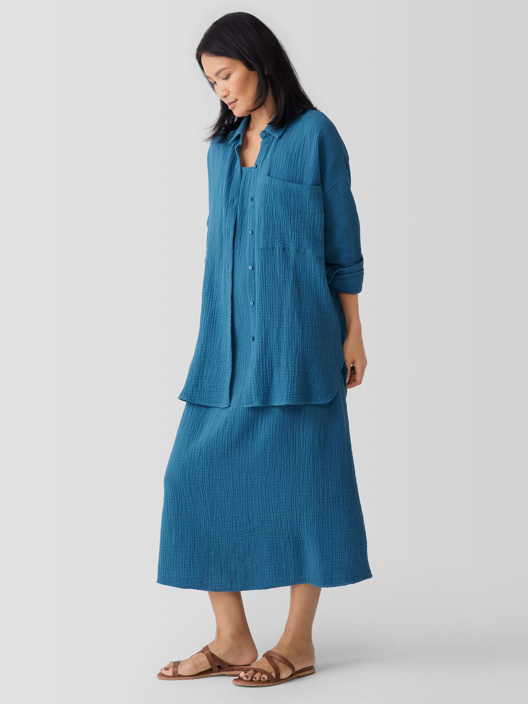 Organic Cotton Lofty Gauze Classic Collar Long Shirt | Eileen Fisher