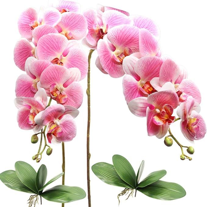 2pcs Artificial Phalaenopsis Flowers with Bundles Leaves Silk Orchids Flowers Stem for Home Decor... | Amazon (US)