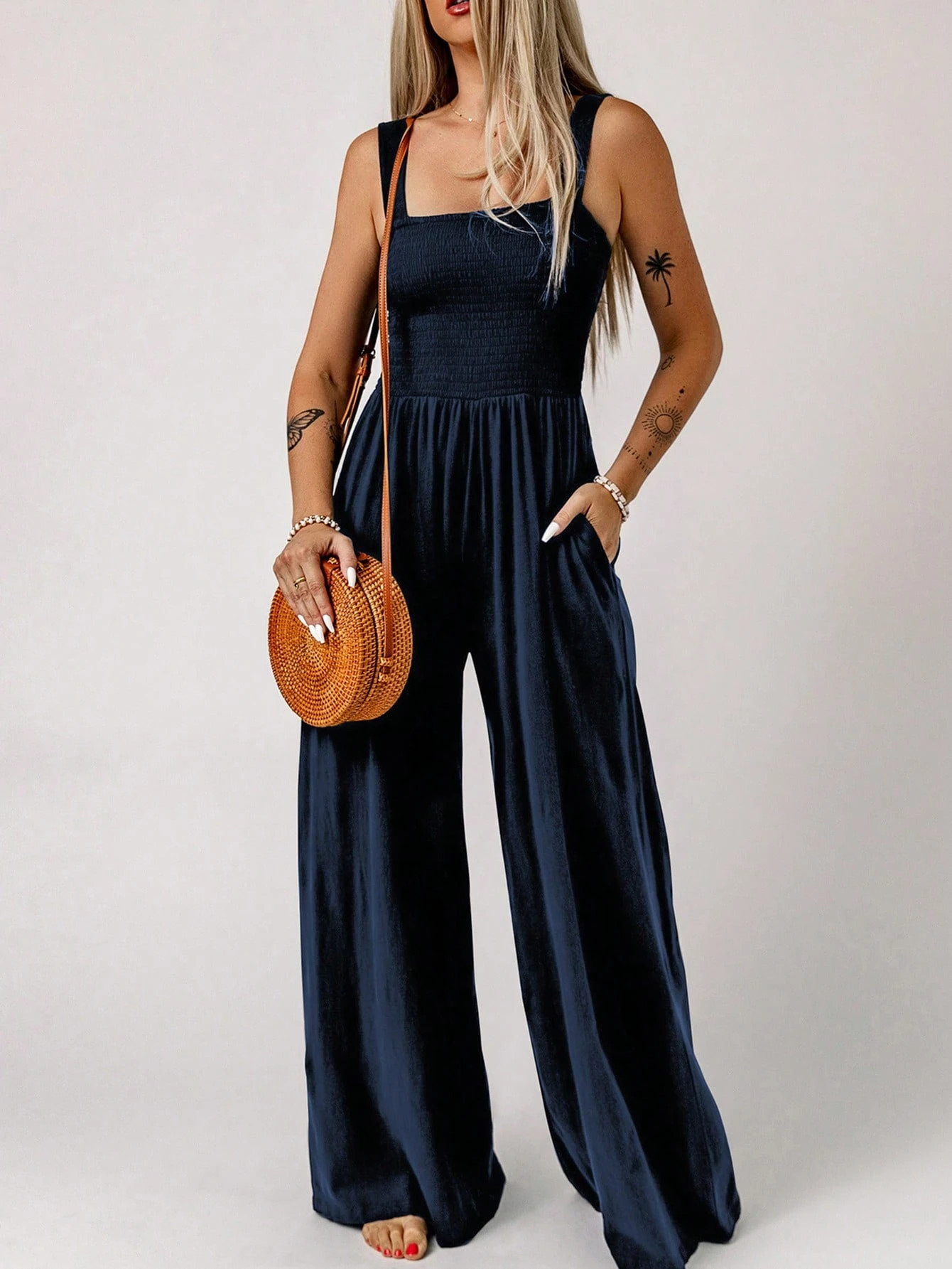 Solid Slant Pocket Wide Leg Jumpsuit | SHEIN