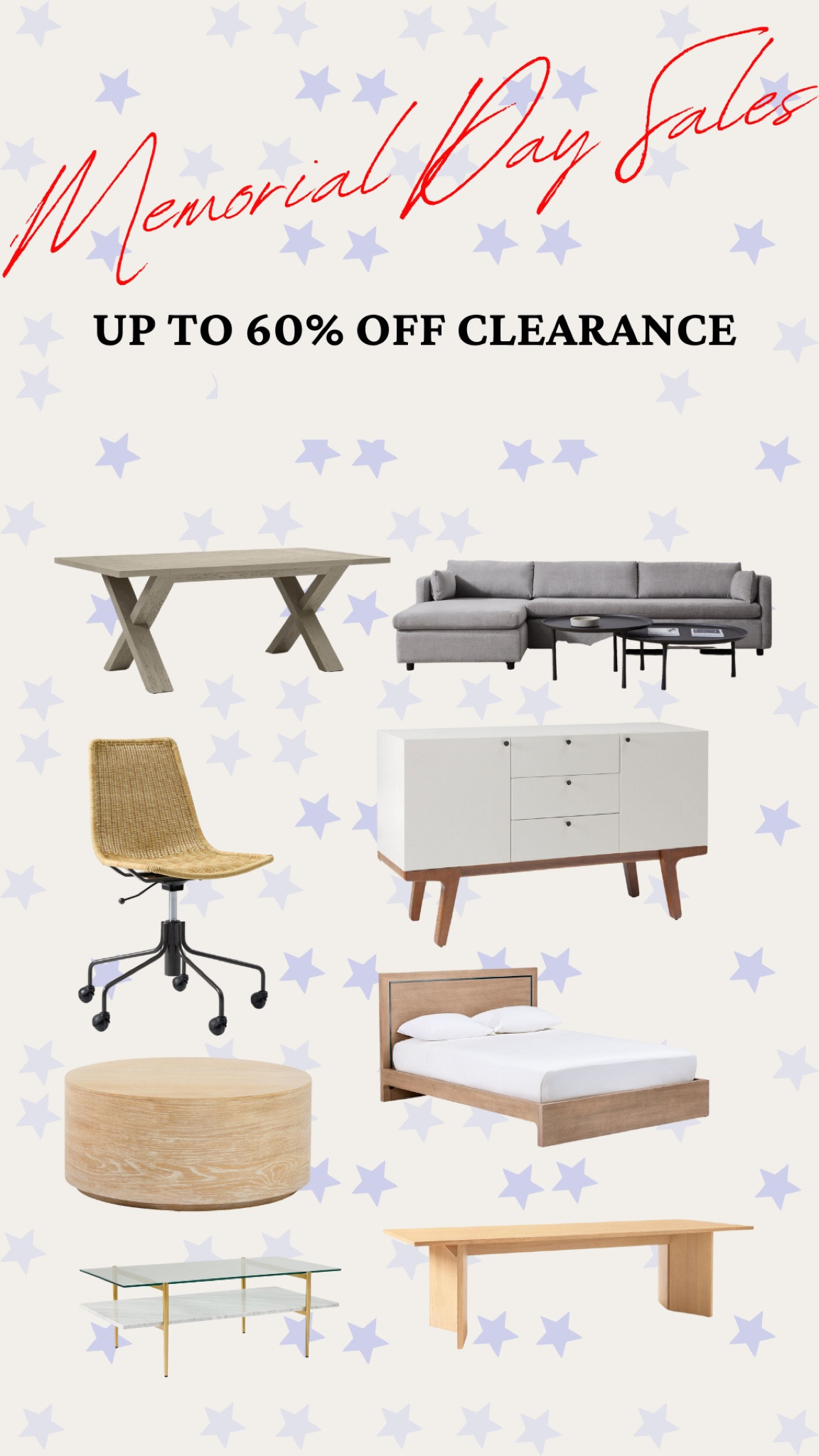 Memorial Day sales! Up to 60% off clearance furniture

dining table, sectional couch, office chair, buffet table, bed frame, coffee table, clearance furniture