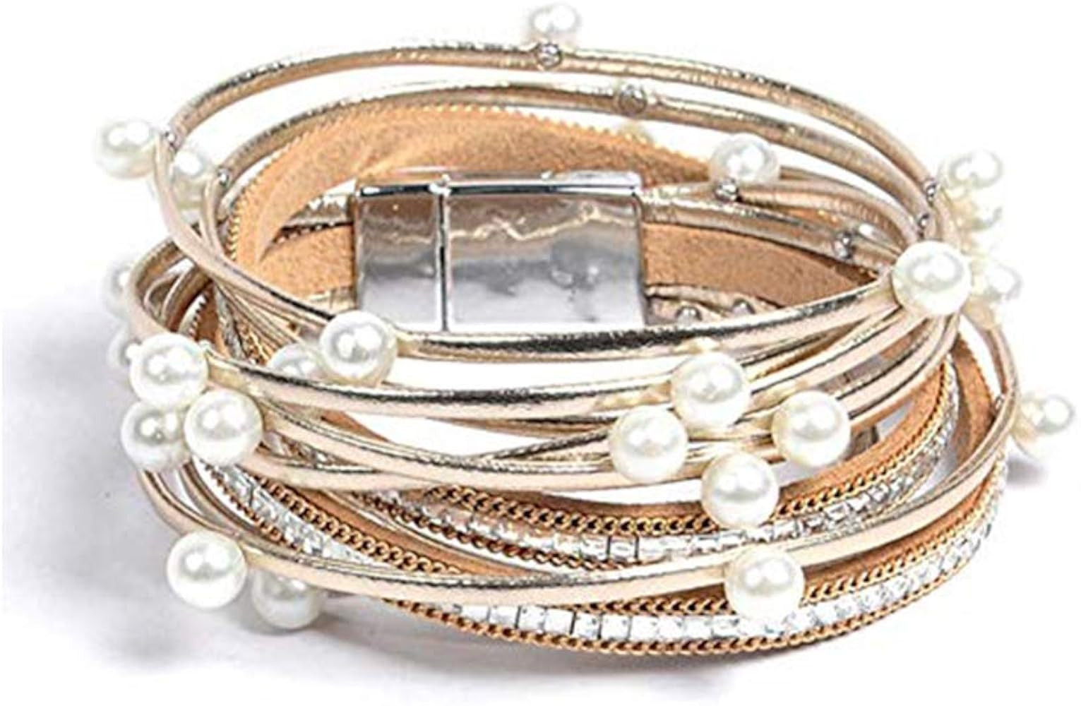 Leather Wrap Bracelet for Women - Handmade Clasp Bangle Bracelet with Pearl Beads Crystal Wristbands | Amazon (US)