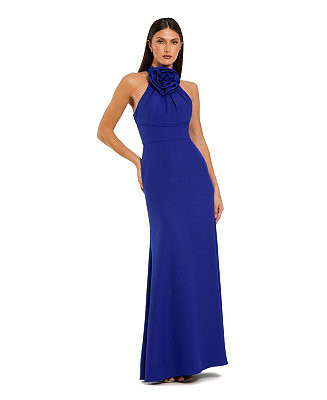 Women's Halter Neck Crepe Column Floral Detail Gown | Macy's