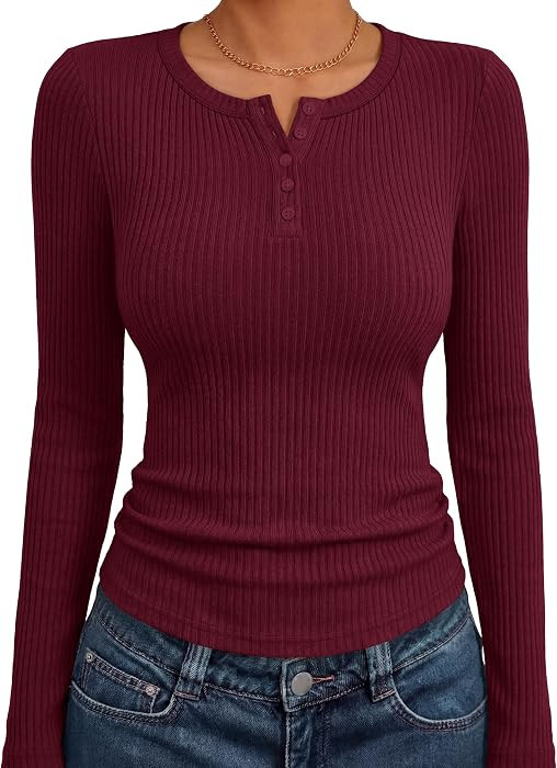 ANRABESS Women's Ribbed Henley Top Long Sleeve Shirts | Amazon (US)