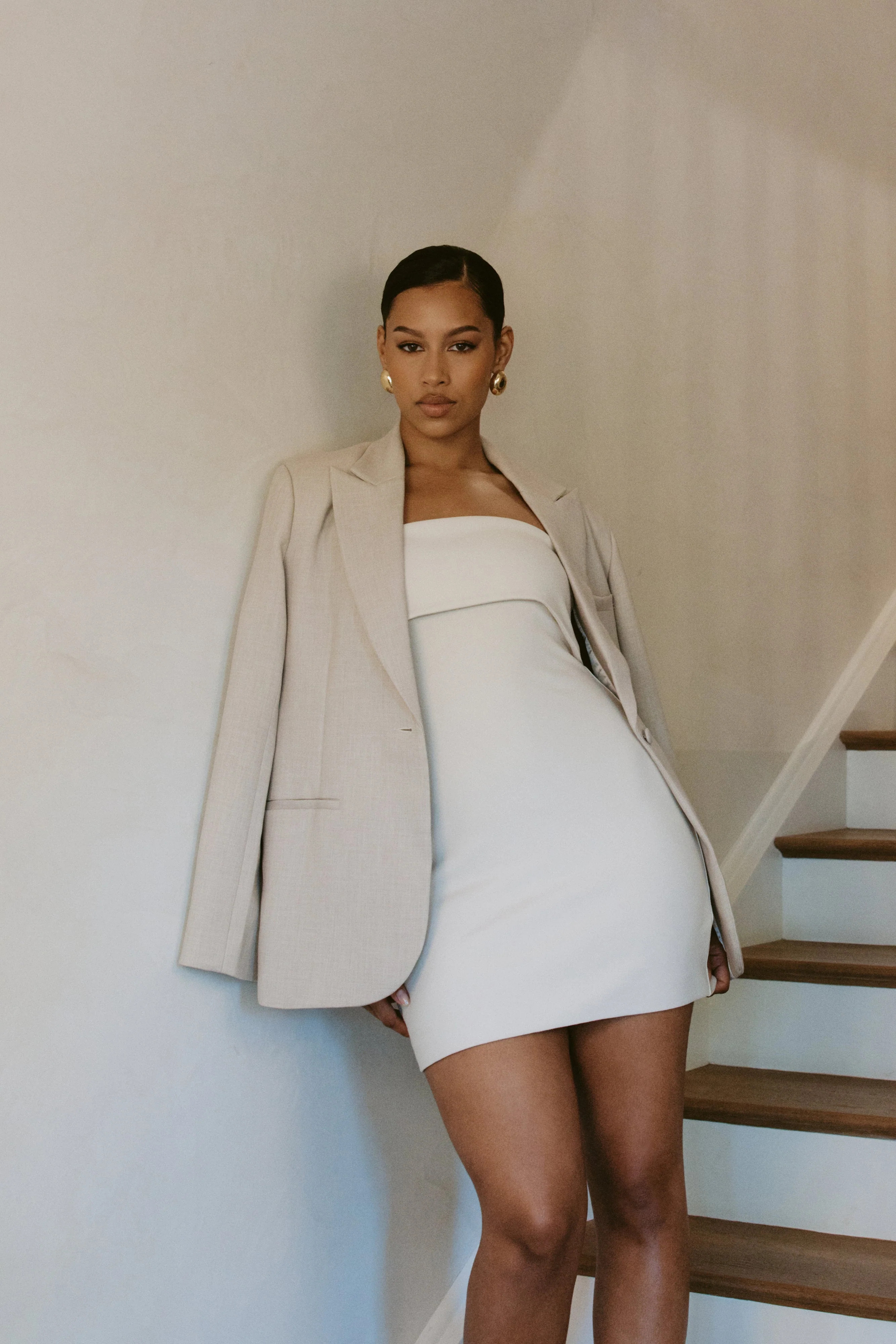 Drew Oversized Textured Blazer - Natural | MESHKI US