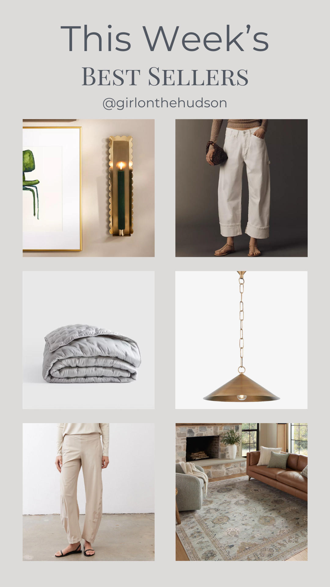 This week's best sellers! the viral @ruti pants (currently on sale!!), one of my favorite affordable rugs that we currently have in our guest bedroom, the coolest pendant light, a cozy quilt that's buttery soft, my new fall barrel jeans from @Anthroplopgie and a cool brass wall sconce!

#LTKootd #LTKHome #LTKSaleAlert
