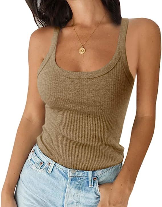 Pepochic Women's Scoop Neck Ribbed Tank Tops Workout Sleeveless Summer Casual Fitted Cami Shirt | Amazon (US)
