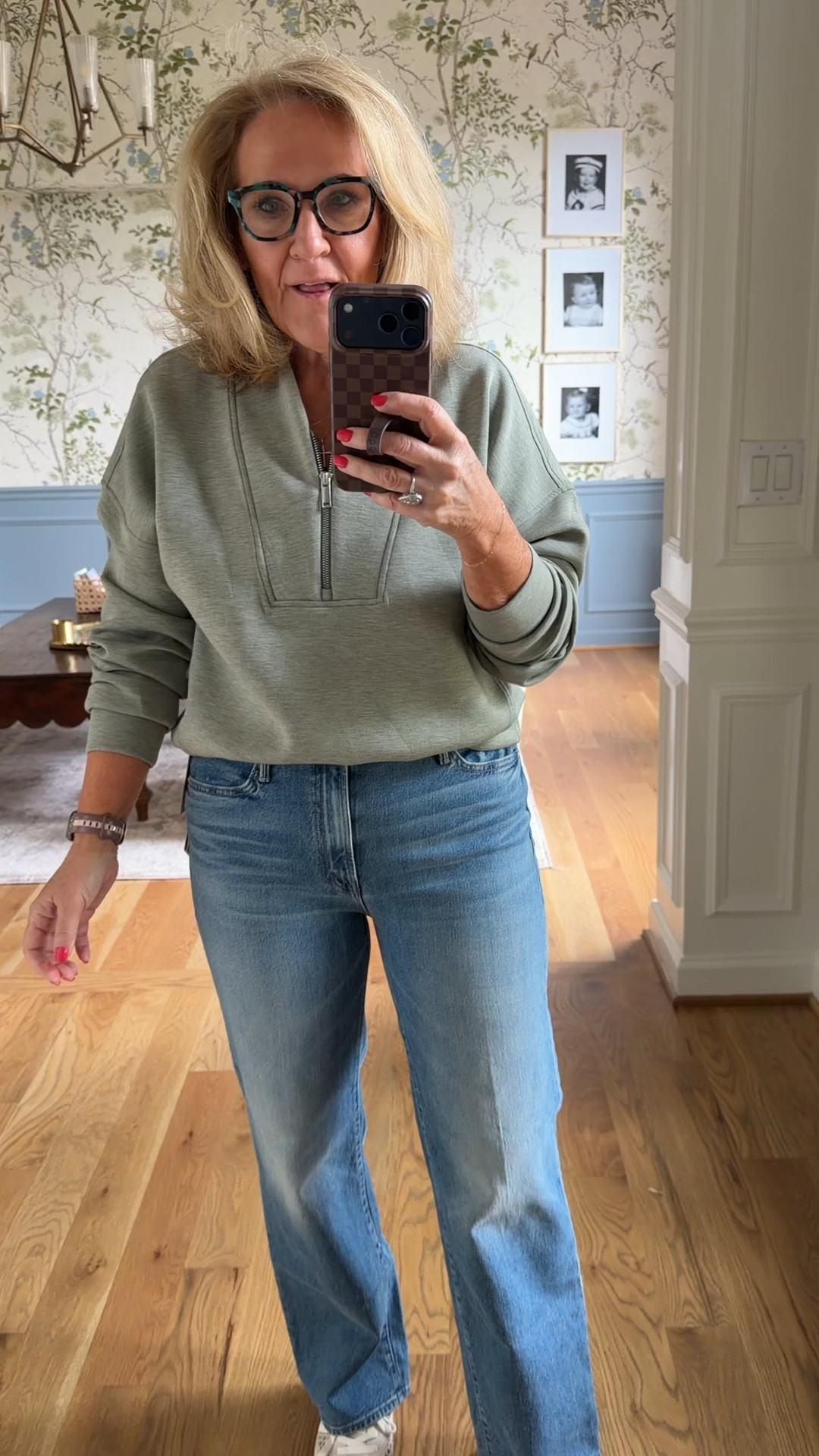 Spanx 1/2 zip size medium 
Mother kick it jeans I sized up to a 30 and I’m glad I did. This denim doesn’t have much stretch. Love the silhouettes 

#LTKgrwm #LTKOver40 #LTKPetite