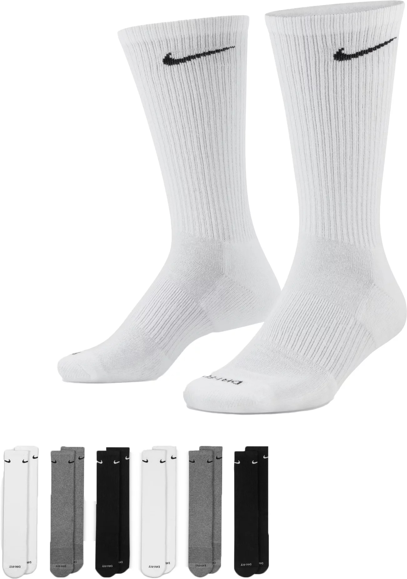 Nike Dri-FIT Everyday Plus Cushioned Training Crew Socks - 6 Pack, Men's, Medium, White/Carbon Heath | Dick's Sporting Goods