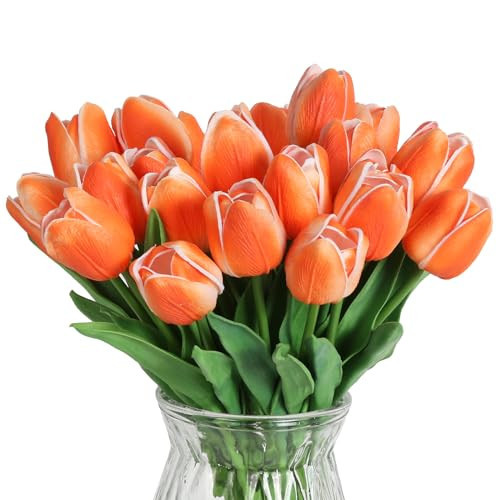 IPOPU 24PCS Orange Tulips Artificial Flowers Fake Tulips Orange Flowers Real Touch for Home Table Decoration Wedding Bouquet Party Baby Shower Centerpieces Decor (Orange) | Amazon (US)