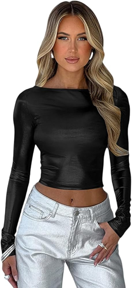 Women's Metallic Silver Long Sleeve T Shirt Sexy Crewneck Slim Fit Crop Top Party Disco Club Tees | Amazon (US)