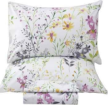 QSH Floral Queen Size Sheet Sets - Yellow Wild Flower Botanical Pattern Egyptian Cotton Printed B... | Amazon (US)