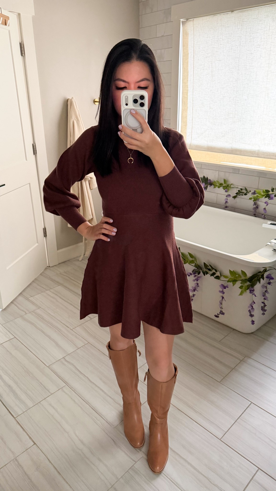 Fit and flare sweater mini dress with boots! 

#LTKSeasonal #LTKootd