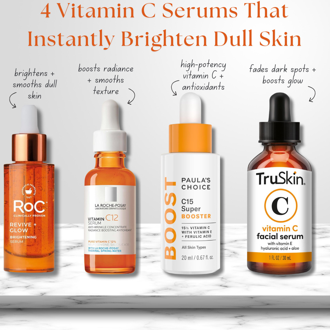 Vitamin C Serums That Instantly Brighten Dull Skin 🍊 

If your skin looks dull, uneven, or tired no matter how much you moisturize, a vitamin C serum is one of the fastest ways to brighten your complexion. 

These powerful antioxidant serums help fade dark spots, smooth skin texture, and boost radiance for healthier-looking skin.

Here are 4 vitamin C serums that instantly brighten dull skin:

• RoC Revive + Glow Brightening Serum
A lightweight vitamin C serum that helps brighten dull skin, improve tone, and smooth texture while delivering antioxidant protection.

• La Roche-Posay Pure Vitamin C12 Serum
A dermatologist-loved vitamin C serum that helps boost radiance, smooth fine lines, and visibly improve skin texture.

• Paula’s Choice C15 Super Booster Vitamin C Serum
A high-potency vitamin C serum with ferulic acid and vitamin E that helps brighten skin, protect against environmental damage, and improve overall glow.

• TruSkin Vitamin C Facial Serum
A popular vitamin C serum formulated with vitamin E, aloe, and hyaluronic acid to help fade dark spots and restore brightness.

Perfect for:
• Dull skin
• Dark spots + hyperpigmentation
• Uneven skin tone
• Boosting skin radiance
• Smoother skin texture
• Antioxidant protection

↓ Everything is linked! 

 

#LTKgrwm #LTKselfcare #LTKBeauty