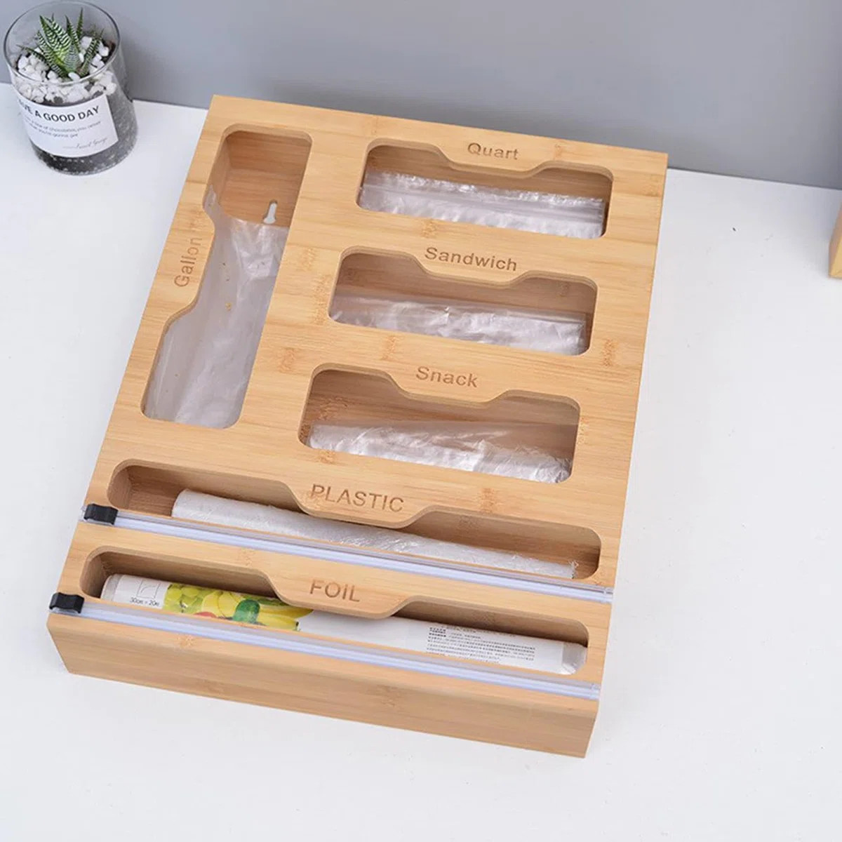 Bamboo Ziplock Bag Organizer with Wrap Dispenser - Fits Gallon, Quart, Sandwich & Snack Bags | Wayfair North America