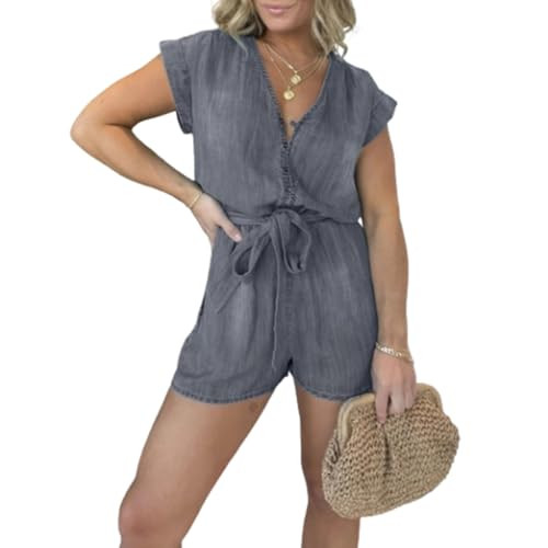 CNYMFF Short Sleeve Tencel Denim Romper, Women's Baggy Distressed Tencel Denim Romper (Dark grey,Large) | Amazon (US)