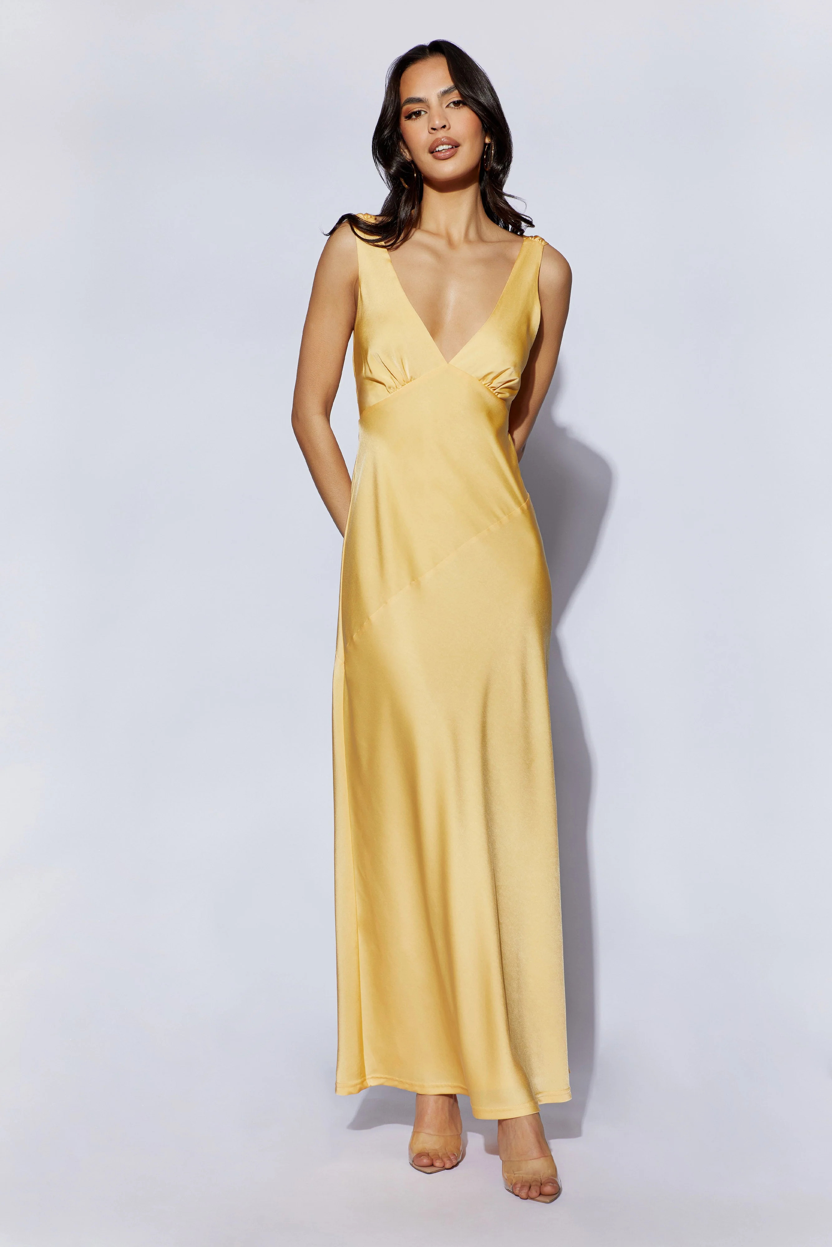 Nadia Maxi Satin Dress With Back Cowl - Lemon | MESHKI US