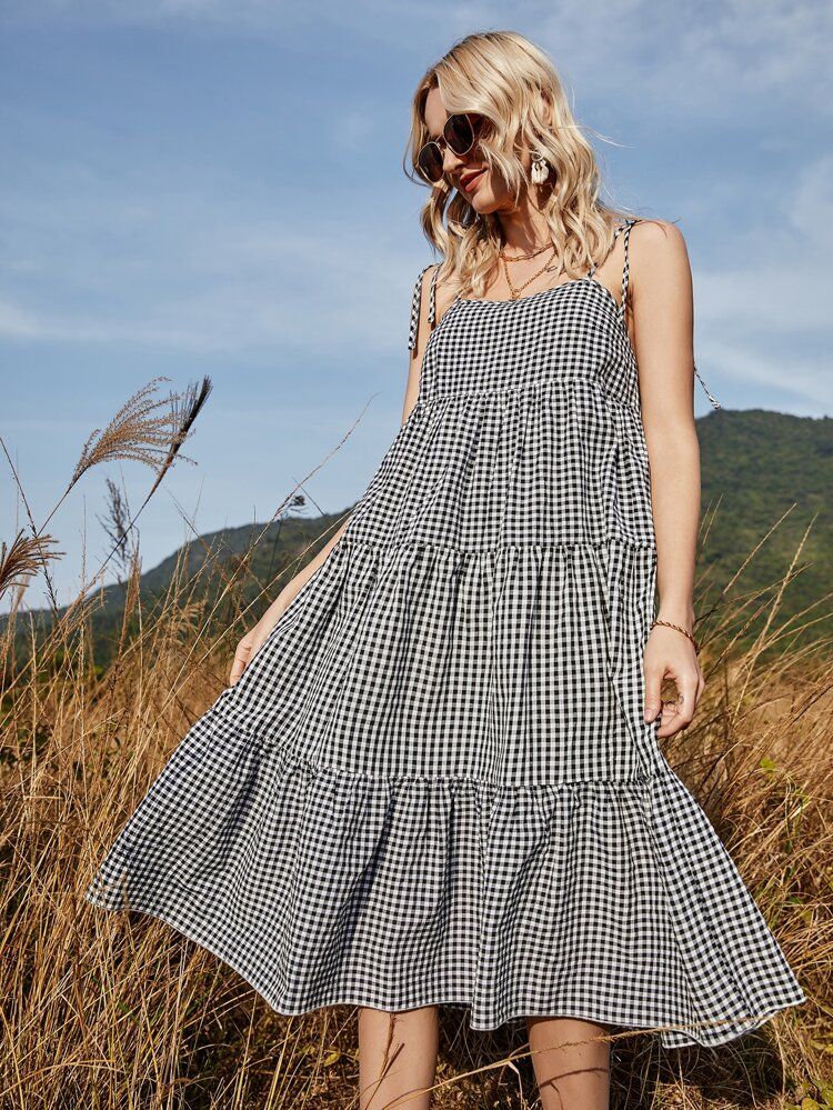 Gingham Tie Shoulder Ruffle Hem Cami Dress | SHEIN