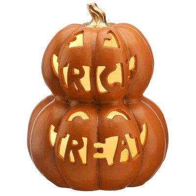 13" Trick or Treat Stacked Pumpkins with Warm White LED Lights Halloween Prop - Orange | Target