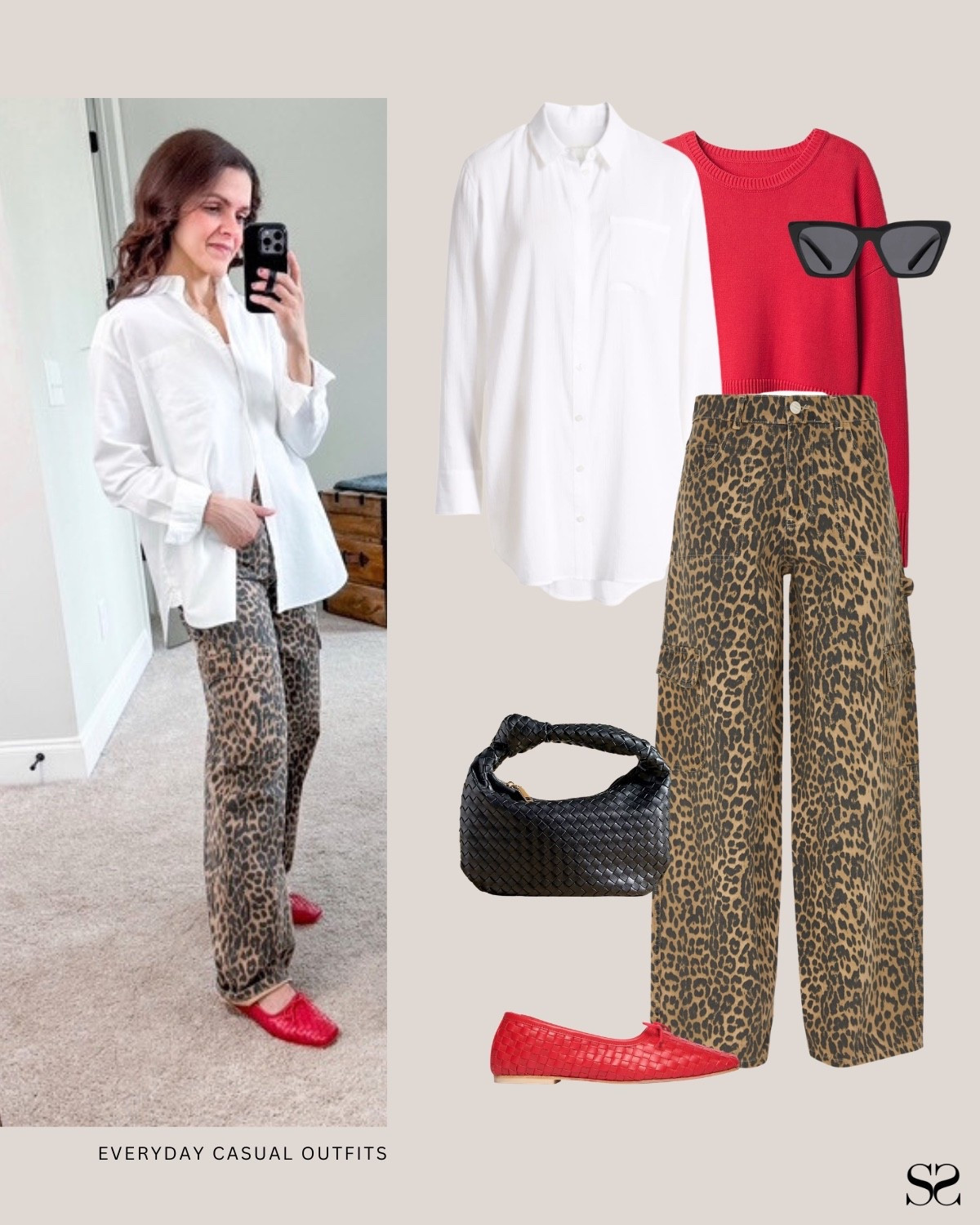 Outfit ideas for when getting dressed has to be easy: Let the leopard do the heavy lifting.

Leopard cargo pants, white button-down, black woven hobo bag, red woven ballet flats, cat eye sunglasses

#LTKootd #LTKgrwm