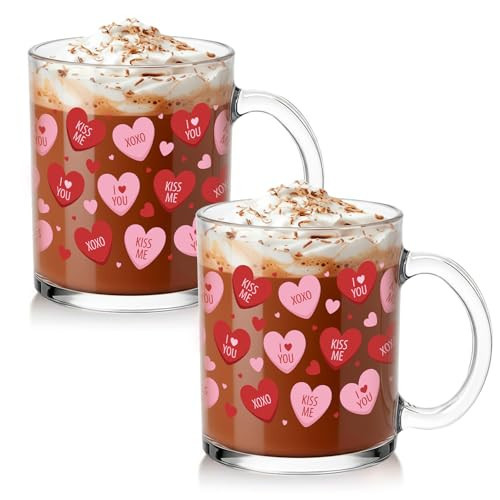 Willinglong 2 Pack Valentine Heart Glass Mugs with Handle 12oz Conversation Heart Iced Coffee Cups Sweet Valentines Gifts for Romantic Holiday Party Bridal Shower Wedding Birthday Home Decor | Amazon (US)