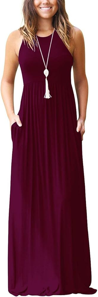 Women's Sleeveless Racerback Loose Plain Maxi Dresses Casual Long Dresses with Pockets | Amazon (US)