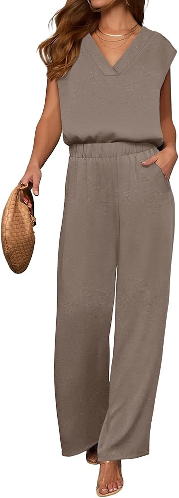 ANRABESS Women Summer 2 Piece Outfits, V-Neck Top and Wide Leg Pants Set, Comfy All-Day Wear for ... | Amazon (US)