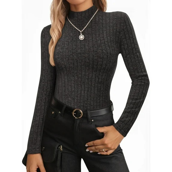 MOYIKO Mock Turtleneck Long Sleeve Shirts for Women Fitted Thermal Undershirts Lightweight Trendy... | Walmart (US)
