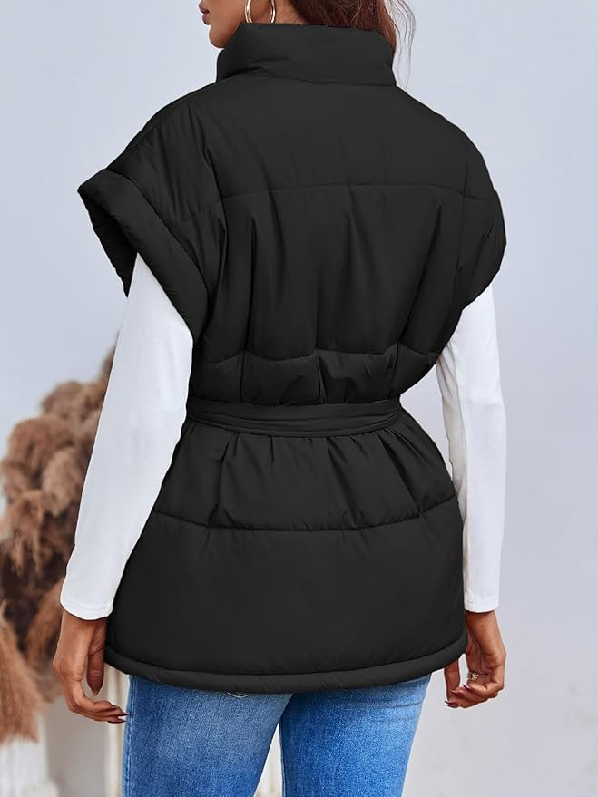 Langwyqu Women Oversized Puffer Vests Sleeveless Stand Collar Zipper Puffy Jackets with Belt | Amazon (US)