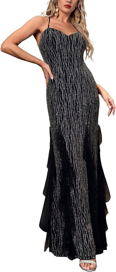Aigniffiy Fishtail Dresses for Women Sling Sexy Black Silver Party Evening Dress Long Dress | Amazon (US)