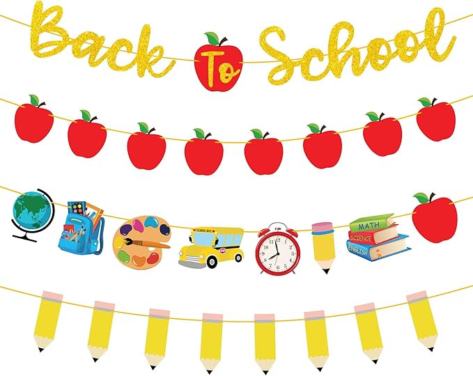4Pcs Back to School Banner Gold Glitter Back to School Pencil Apple Garland Banners for First Day... | Amazon (US)