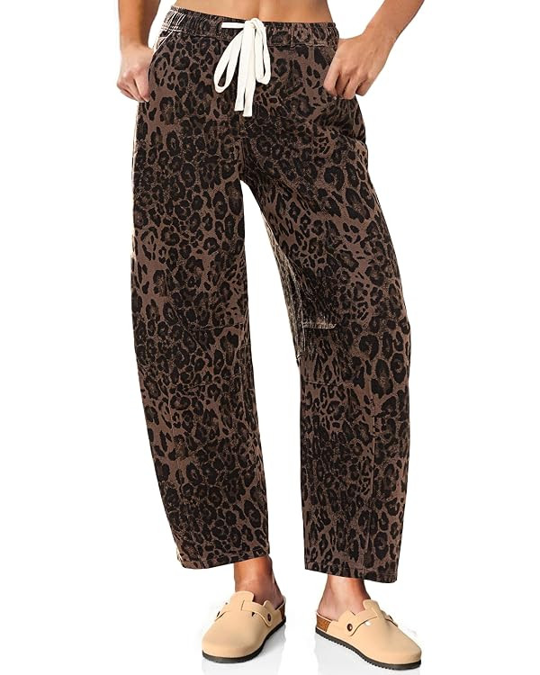 Vetinee Barrel Jeans Women Trendy Wide Leg Leopard Cheetah Pants High Waisted Pull On Drawstring ... | Amazon (US)