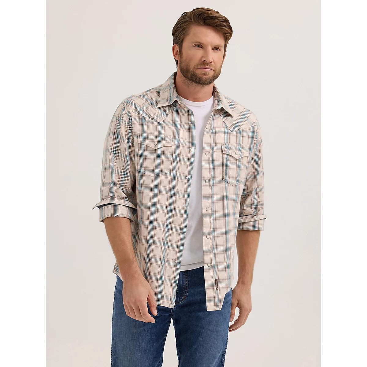 Men's Wrangler Retro® Premium Long Sleeve Western Snap Plaid Shirt in Blue | Wrangler