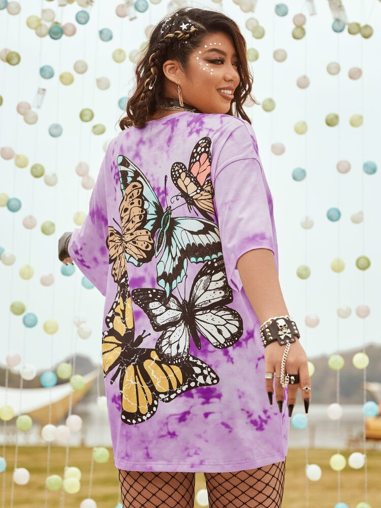 SHEIN EZwear Plus Butterfly Print Tie Dye Drop Shoulder Tee Without Belt | SHEIN